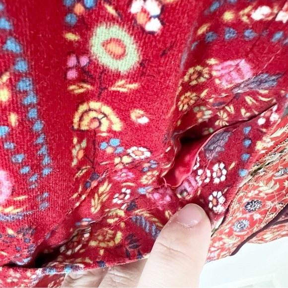 Anthropologie Karelia Coat Elevenses Jacket Red Floral Zip Fur Collar Size 6 - Picture 13 of 15